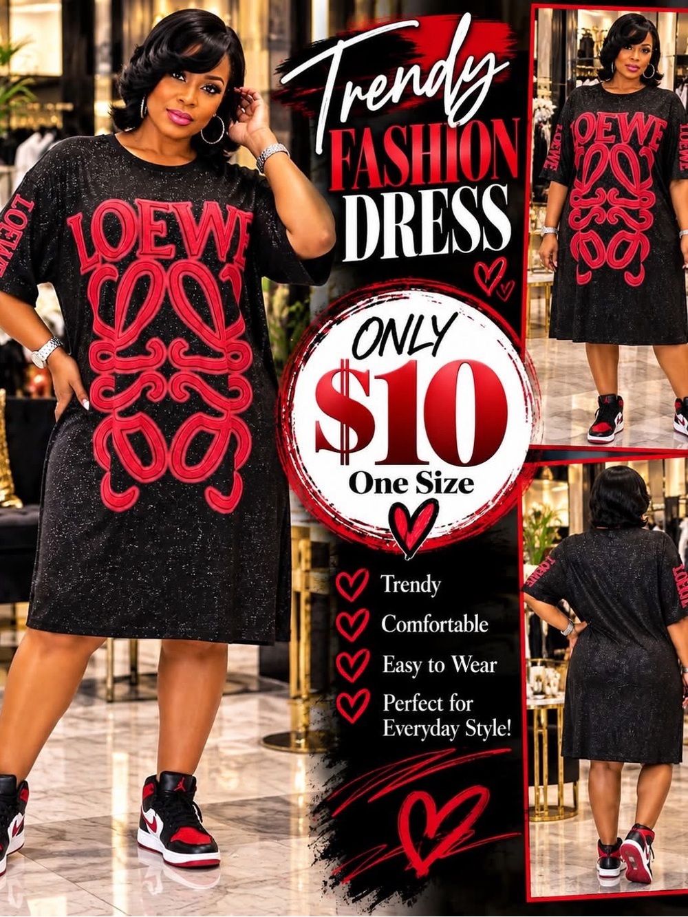 Loewe Black Midi Dress with Red Logo Accents